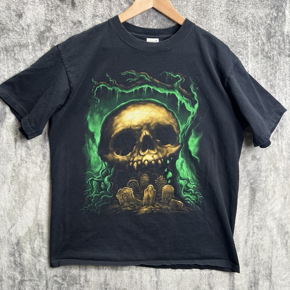 Vintage Y2K Wes Benscoter Black Green Skull Grunge Emo Goth Tee Size Large